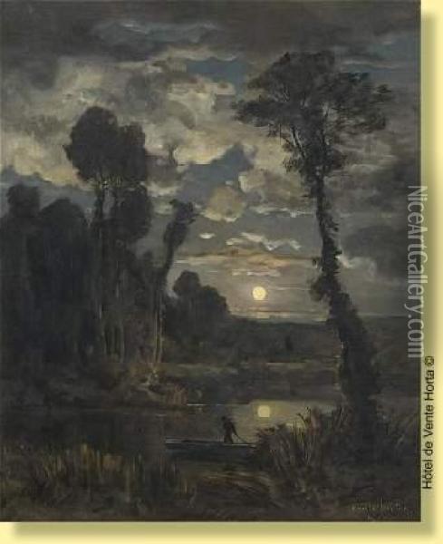 Pecheur Au Lever De Lune Oil Painting - Emile Breton