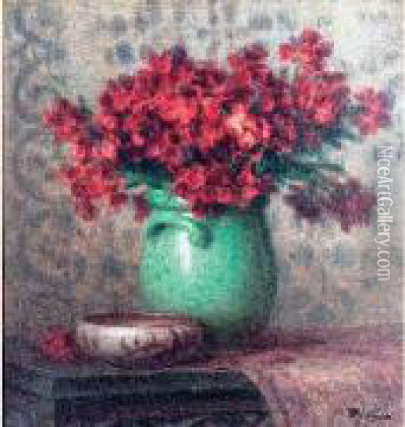 Bouquet De Fleurs Dans Un Pot Vert Oil Painting - Ernest Filliard