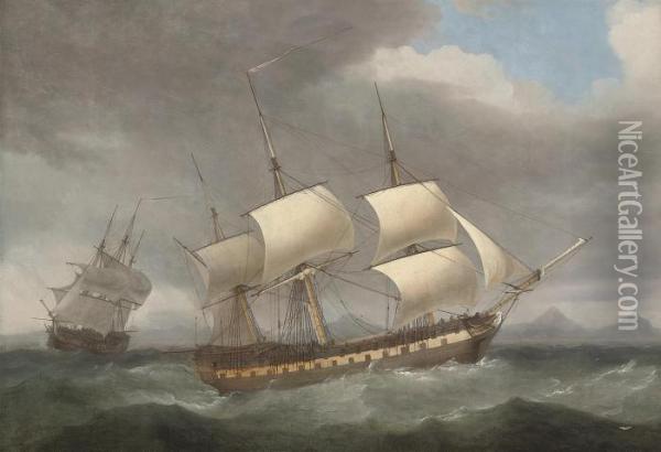 The Honourable [east India] Company's Ship 
Alnwick Castle
 In Two Positions Off A Mountainous Shore Oil Painting - Thomas Whitcombe