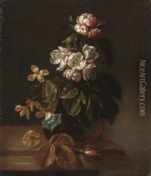 Blossom, Convolvulus And Other Flowers In A Glass Vase On A Woodenledge Oil Painting - Simon Pietersz. Verelst