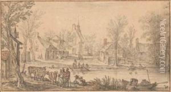A Village On A River, Figures In The Foreground Oil Painting - Esaias Van De Velde