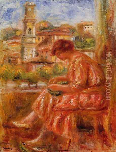 Woman At The Window With A View Of Nice Oil Painting - Pierre Auguste Renoir