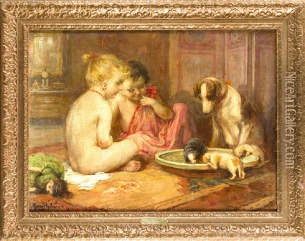Interieur Mit Kindern Und Hunden Um Eine Wasserschale Oil Painting - Imre Gergely