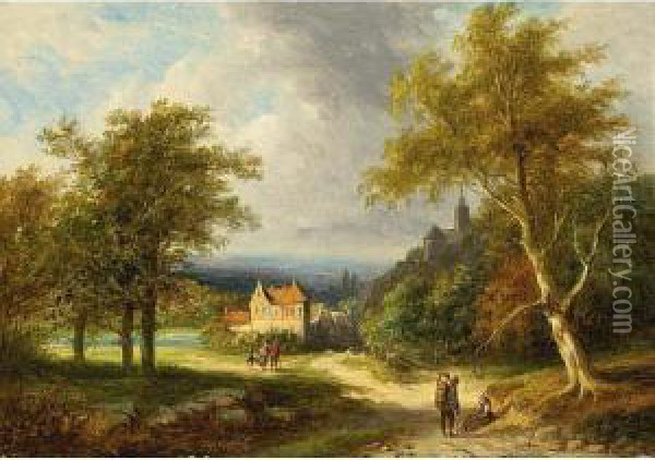 Travellers In A Summer Landscape, A Village In The Distance Oil Painting - Jan Evert Morel