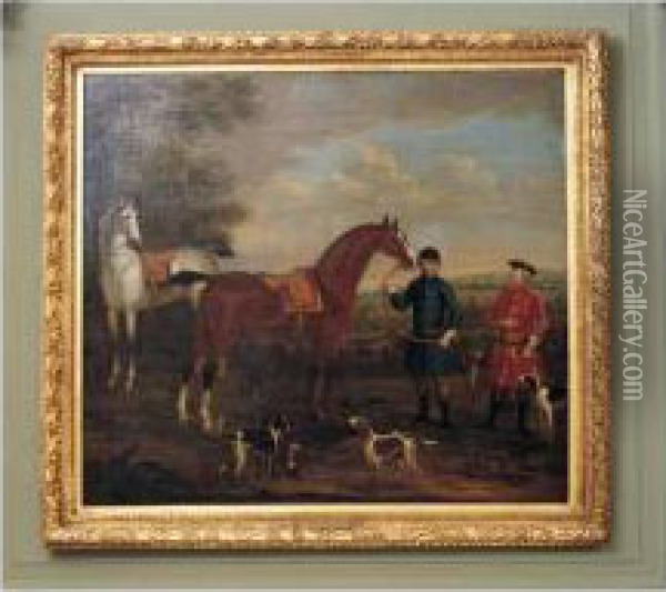 A Bay And A Grey Hunter In A 
Landscape, Belonging To Thomas Watson, 3rd Earl Of Rockingham 
(1715-1746) Oil Painting - James Seymour And Thomas Spencer