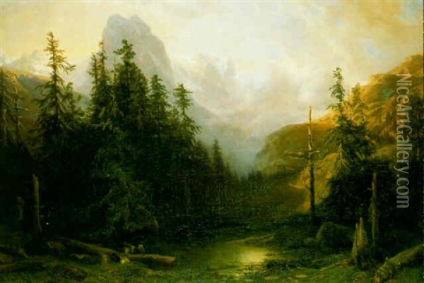 Rosenlaui, Avec Le Wellhorn Et Le Wetterhorn Oil Painting - Alexandre Calame