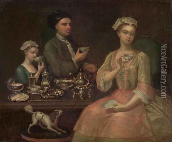 A Family of Three at Tea, c.1727 Oil Painting - Richard Collins