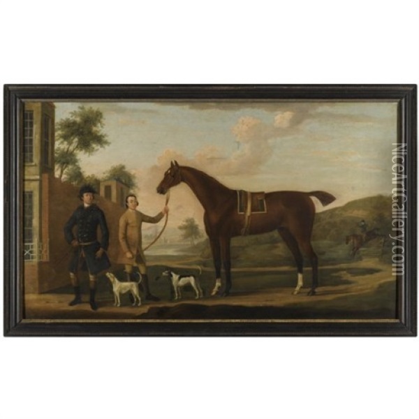 A Huntsman With His Bay Hunter, Held By A Groom, With Two Hounds Outside A Country House Oil Painting - Thomas Spencer
