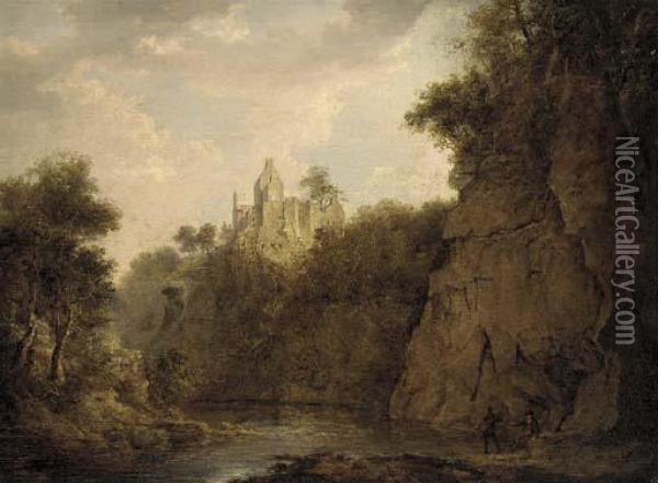 Anglers On The Bank Of A River Gorge, Rosslyn Castle Beyond Oil Painting - Patrick, Peter Nasmyth
