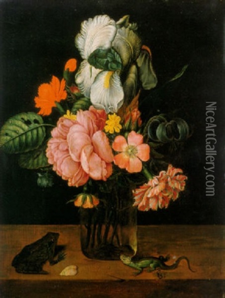 Flowers In A Glass Vase On A Ledge With A Frog And A Lizard Oil Painting - Jan Baptist Fornenburgh