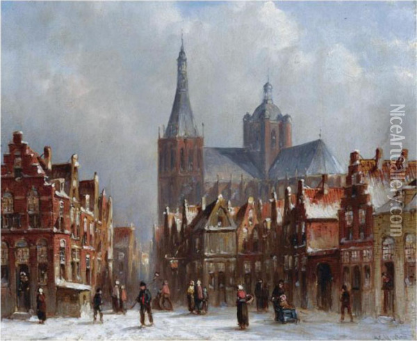 Figures On A Square In A Wintry Town, Possibly's-hertogenbosch Oil Painting - Pieter Gerard Vertin