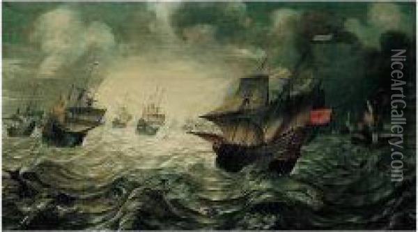 A Sea-piece, With Dutch Men-o'-war Offshore In Stormy Weather Oil Painting - Jan, Hans Ii Savery