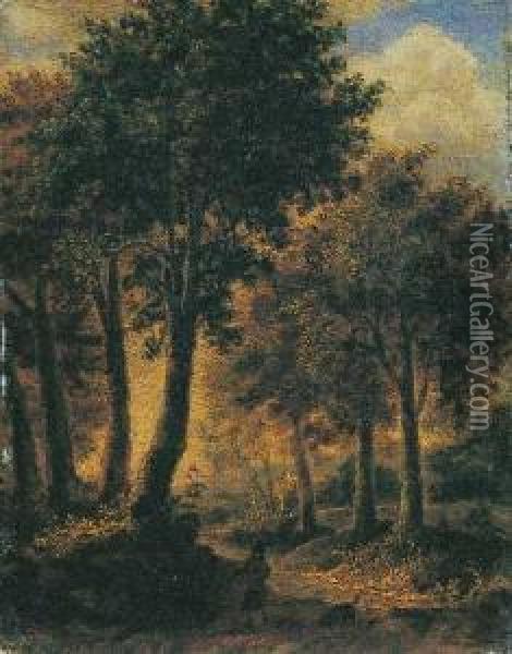 Waldlandschaft Mit Wanderer. Oil Painting - Meindert Hobbema