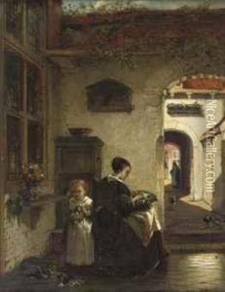 Mother And Daughter In The Courtyard Oil Painting - Johannes Anthonie Balthasar Stroebel