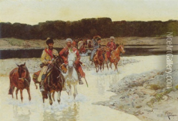 Tscherkessen Bei Der Uberquerung Eines Flusses Oil Painting - Franz Roubaud