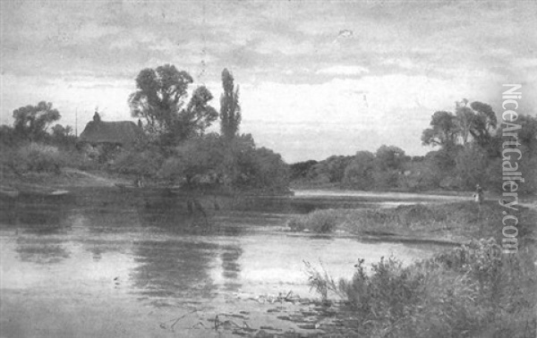 River Landscape (laleham, Surrey?) Oil Painting - Alfred Augustus Glendening Sr.
