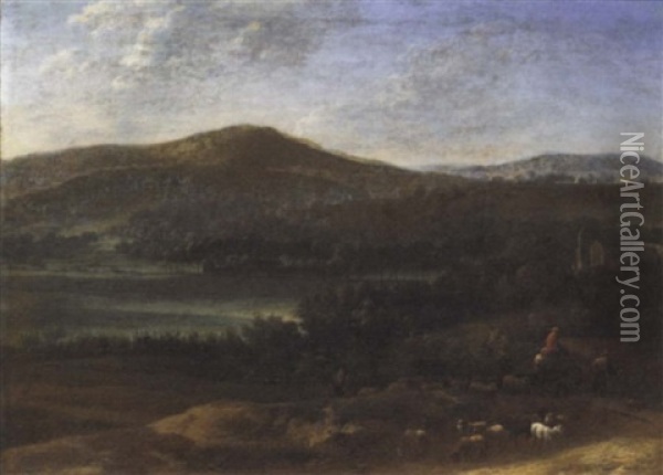An Extensive Landscape With Shepherds Oil Painting - Karel Dujardin