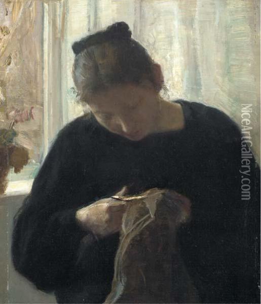 A Woman At Her Needlework Oil Painting - Carl Vilhelm Holsoe