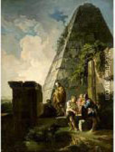 Capriccio With Figures Beside The Pyramid Of Gaius Cestius Oil Painting - Andrea Locatelli