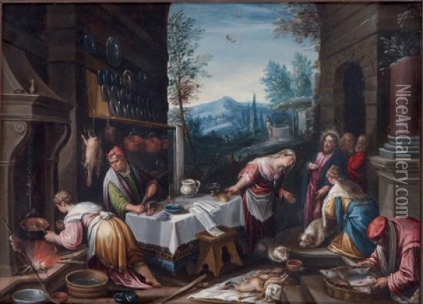 Le Christ Chez Marthe Et Marie (after Bassano) Oil Painting - Hans Rottenhammer the Elder
