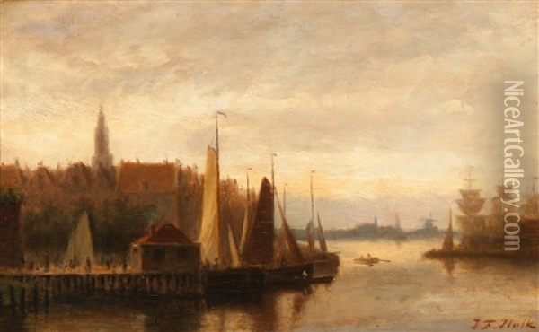 A View Of The City At Dusk, Amsterdam Oil Painting - Johannes Frederik Hulk the Elder