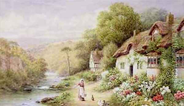 Cottages by a Stream Oil Painting - A.N. Glover