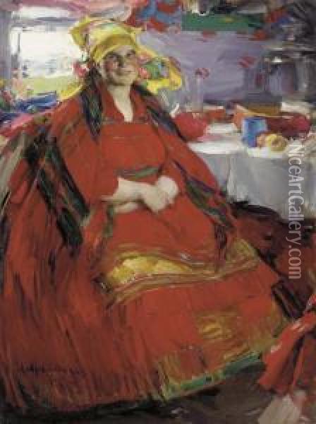 Russian Peasant Woman Drinking Tea Oil Painting - Abram Efimovich Arkhipov