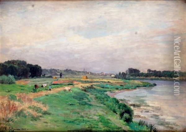 Paysage De L'est De La France, Avec Riviere, Bergere Et Son Troupeau Oil Painting - Edmond Marie Petitjean