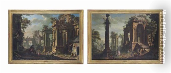 An Architectural Capriccio With A Horseman And Figures By A Fountain (+ Another With Figures Resting By A Column; 2 Works) Oil Painting - Giovanni Battista Innocenzo Colombo