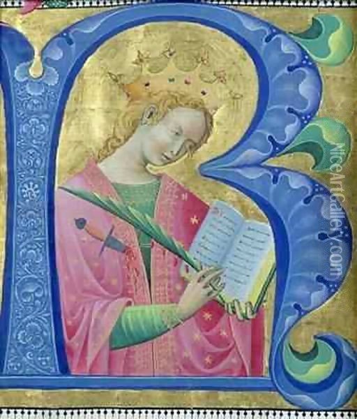 Illuminated initial 'R' depicting St. Catherine of Alexandria Oil Painting - Luchino Belbello