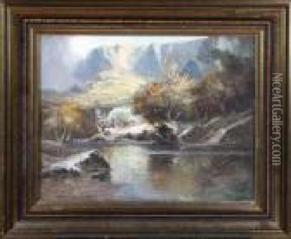 A River View In Cumbria Oil Painting - Frank Thomas,francis Carter