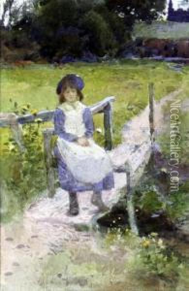 Girl Seated On A Stile Oil Painting - Thomas Mackay