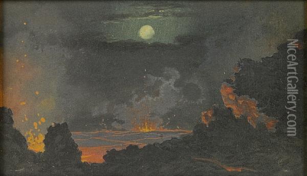 The Heart Of A Volcano Under A Full Moon Oil Painting - Jules Tavernier