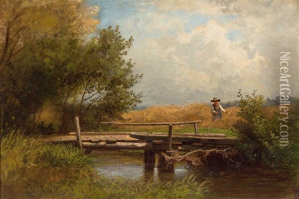 Sommerliche Landschaft Mit Grosem Weizenfeld, Schnitter, Bachlauf Und Kleiner Holzbrucke Oil Painting - Heinrich Vosberg