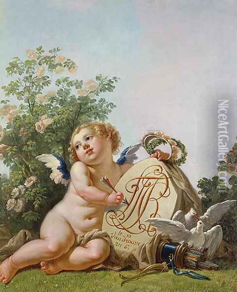 Cupid commemorating a marriage by Incising on a a Tablet the interlaced initials FT and RC Oil Painting - Jean-Baptiste Huet