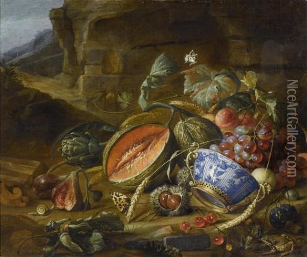 Fruit Still Life With Peaches, 
Grapes And Cherries In A Bowl With Insects And Butterflies Before A Grotto. Oil Painting - Cornelis De Heem