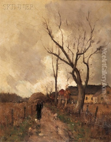 Autumn Village Scene With Figures On A Path Oil Painting - Gustav Wolff