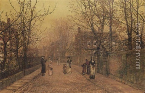 A Village Street On Sunday Eve Some Eighty Years Ago Oil Painting - John Atkinson Grimshaw