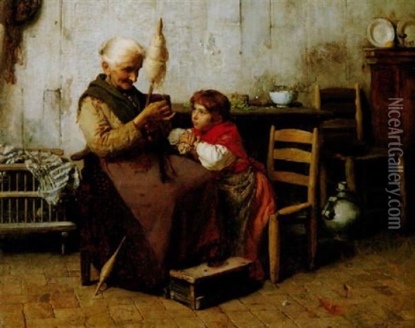 La Nonna. Grosmutter Und Enkelin In Bauerlichem Interieur Oil Painting - Silvio Giulio Rotta