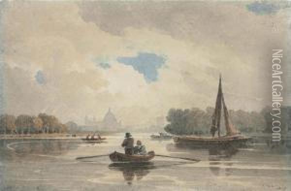 Boats On The River Thames, St Paul's Cathedral Oil Painting - John Varley