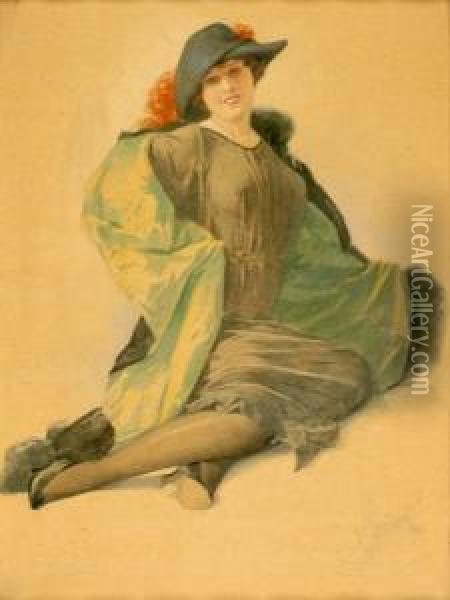 Lady With A Hat Oil Painting - Karel Simunek