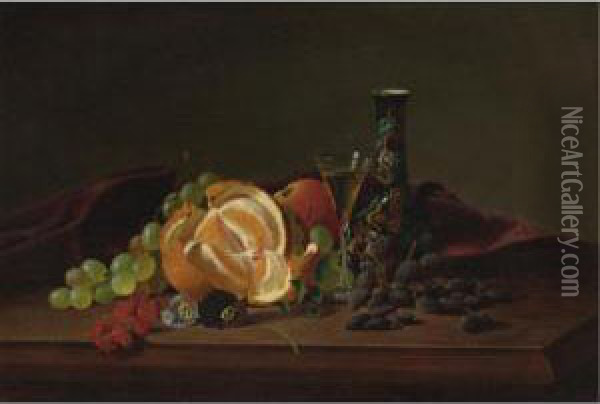Orange, Raisins, Pansies, Wine Glass And Japanese Vase Oil Painting - Maria Peale