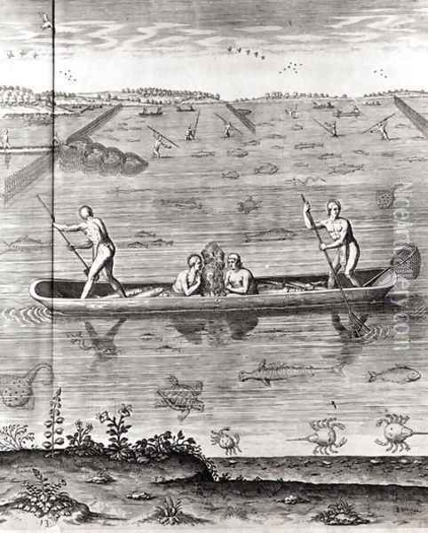 How Indians Catch fish, from Hariot's A Briefe and True Report of ... Virginia, 1590, written and engraved by Theodor de Bry (1528-98) Oil Painting - John White