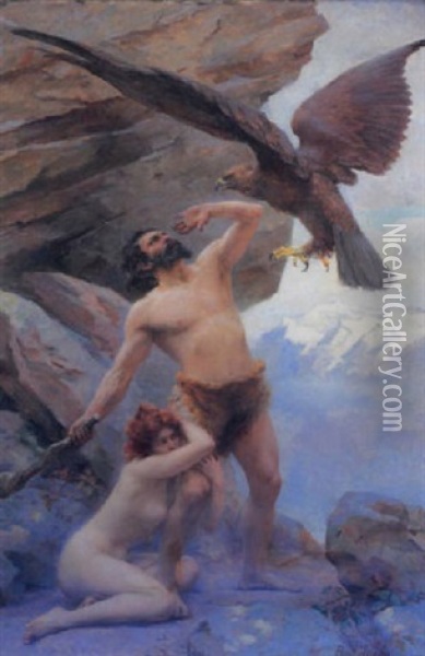 Dramatic Scene Of A Man And Woman Fighting An Eagle Oil Painting - Paul-Joseph Jamin