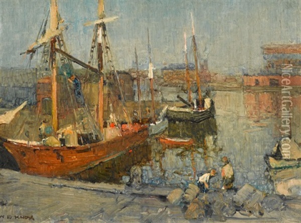 Moored Fishing Boats Oil Painting - W.D. Knox