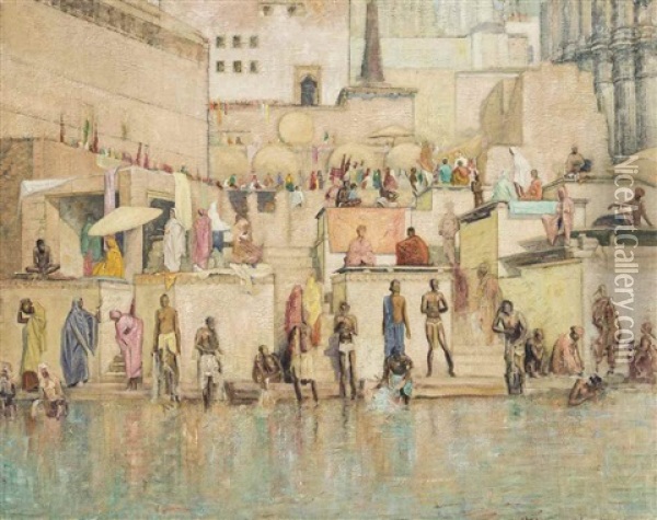 Bathing On The Ganges Oil Painting - William (Sir) Rothenstein