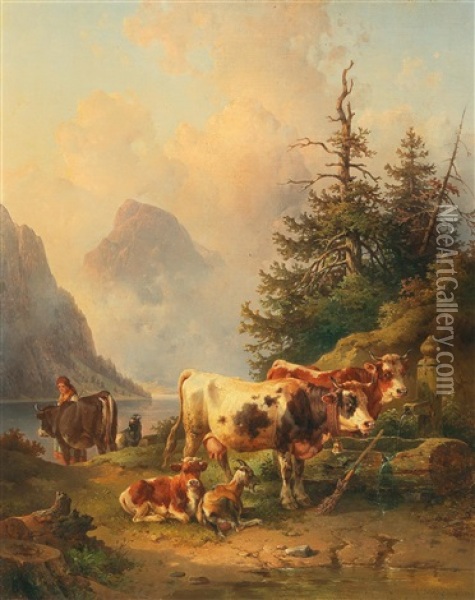 Herd Of Animals With Shepherdess On The Lakeside Oil Painting - Edmund Mahlknecht