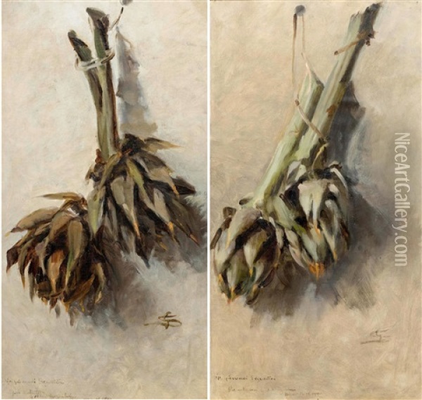 Pair Of Works: Carciofi Oil Painting - Giovanni Segantini