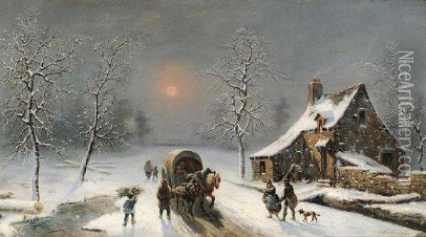 Charette Dans La Neige Au Clair De Lune Oil Painting - Louis Claude Malbranche