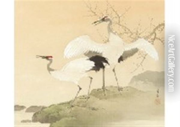 Early Spring Two Cranes Oil Painting - Shuho Ikegami